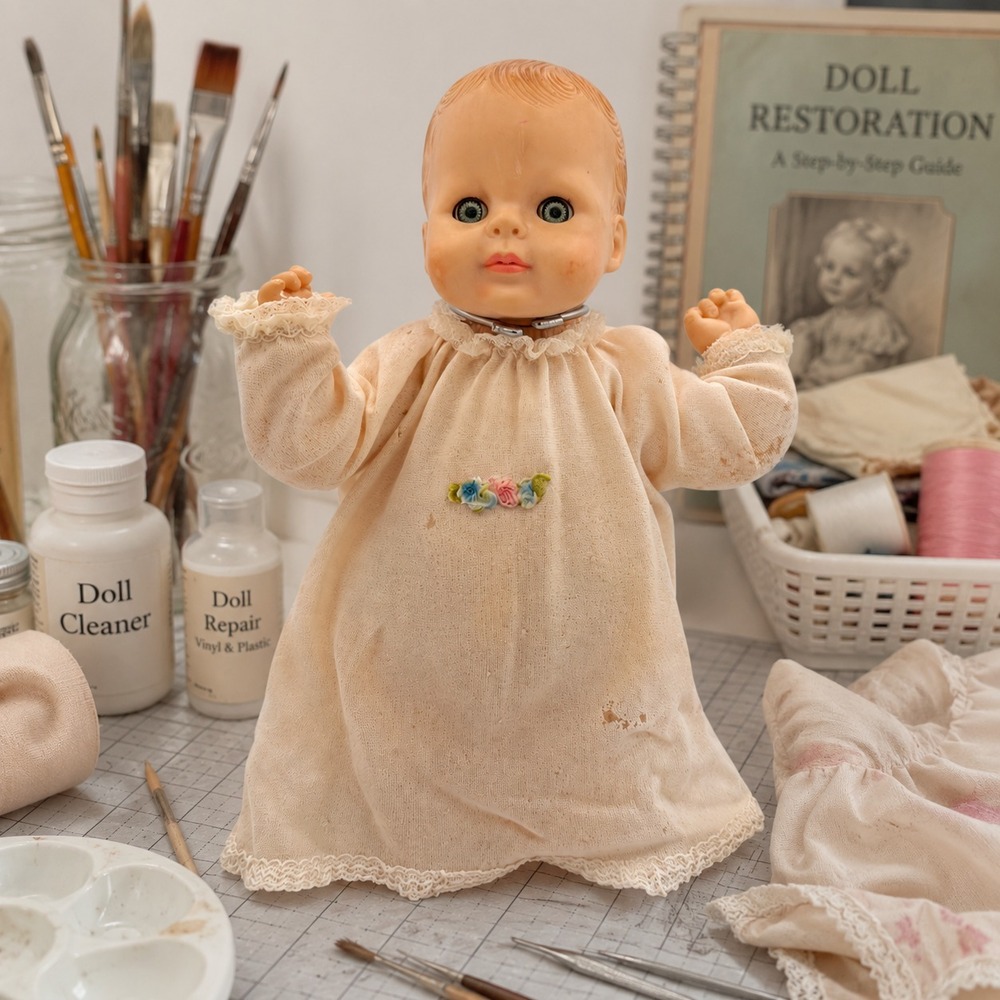 Vintage 1964 SUE DOLL 11" Baby Sleep Eyes Cloth Body Restoration Project Gown - Picture 2 of 13
